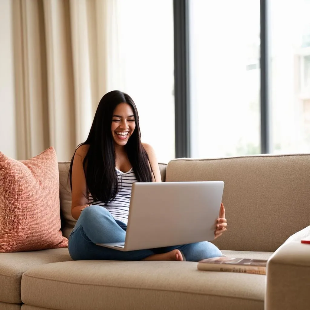 woman researching travel destinations on laptop