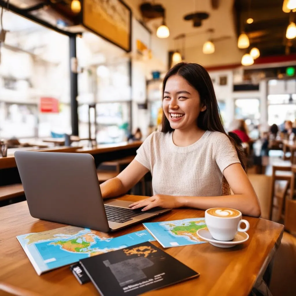 Woman Researching Travel on Laptop