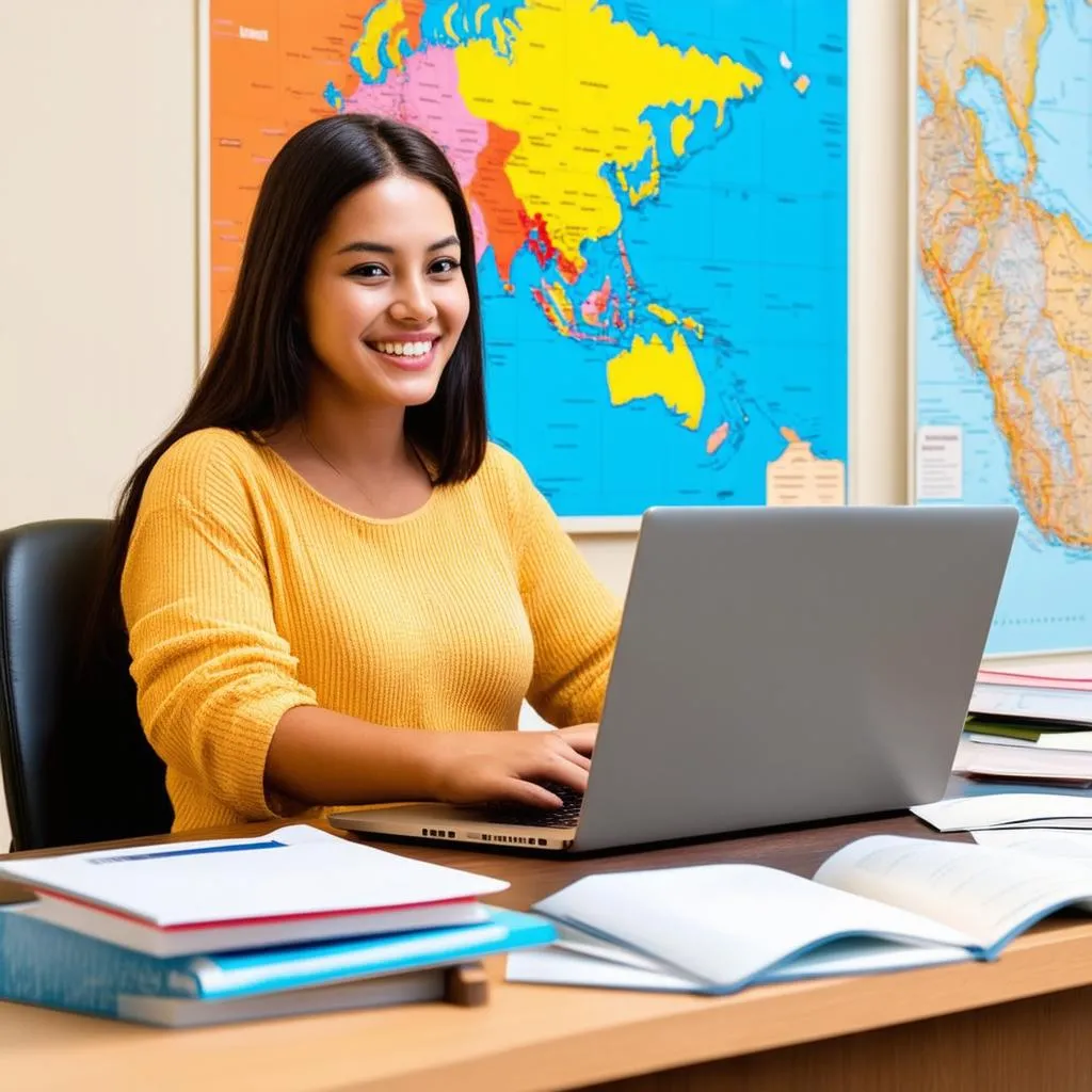 woman researching travel requirements on a laptop