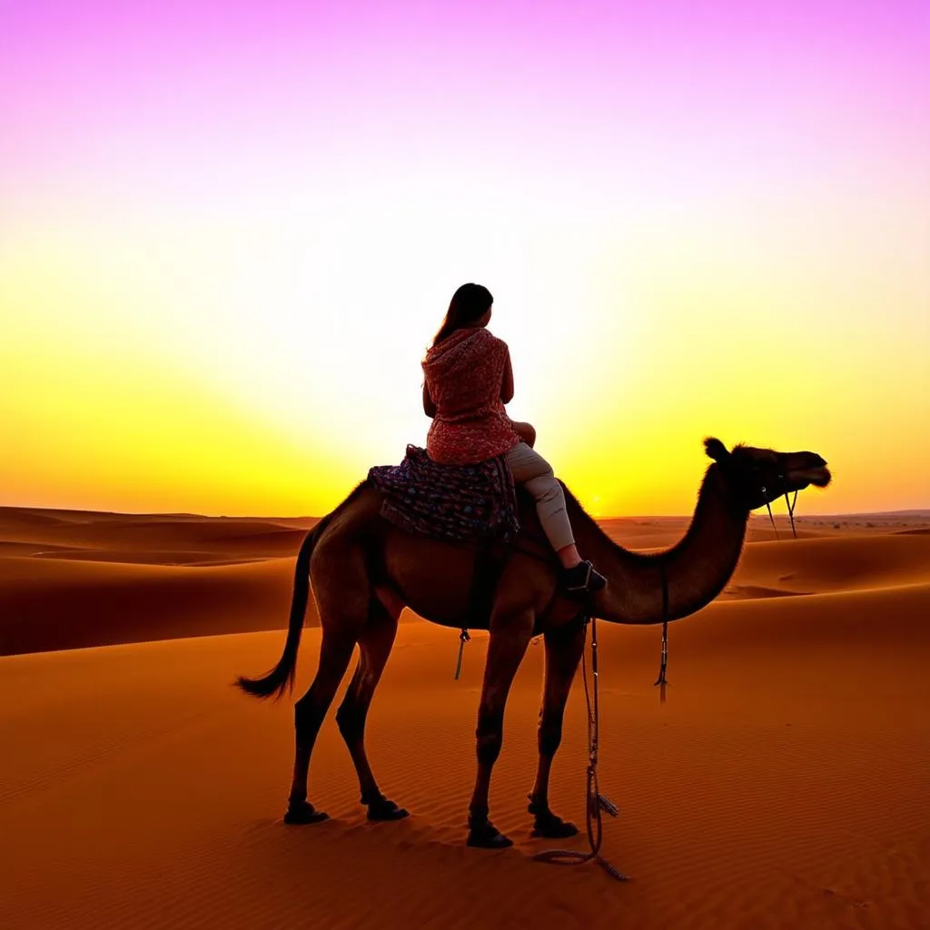 Woman Riding Camel at Sunset