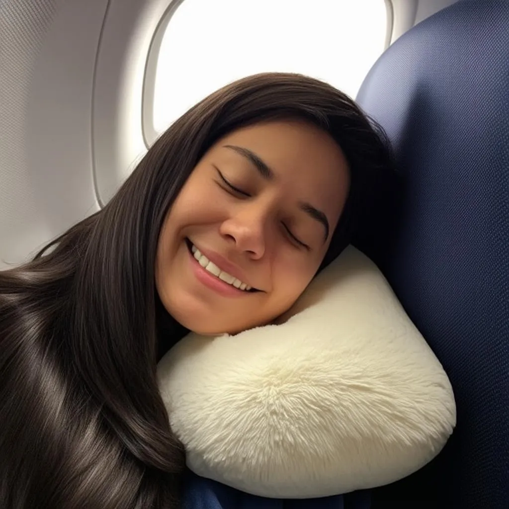 Woman sleeping on airplane with neck pillow