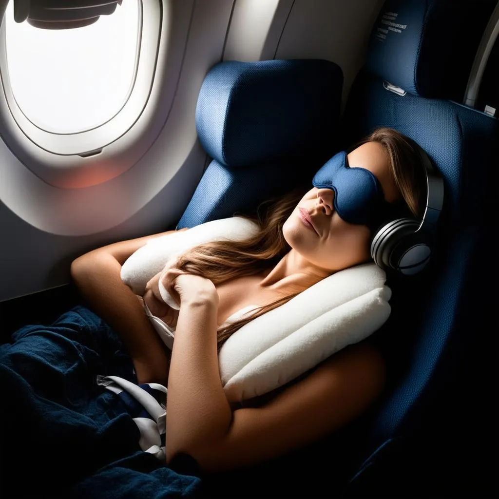 Woman sleeping comfortably on a plane