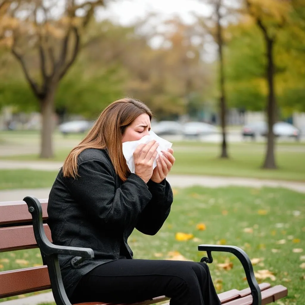 woman sneezing into tissue