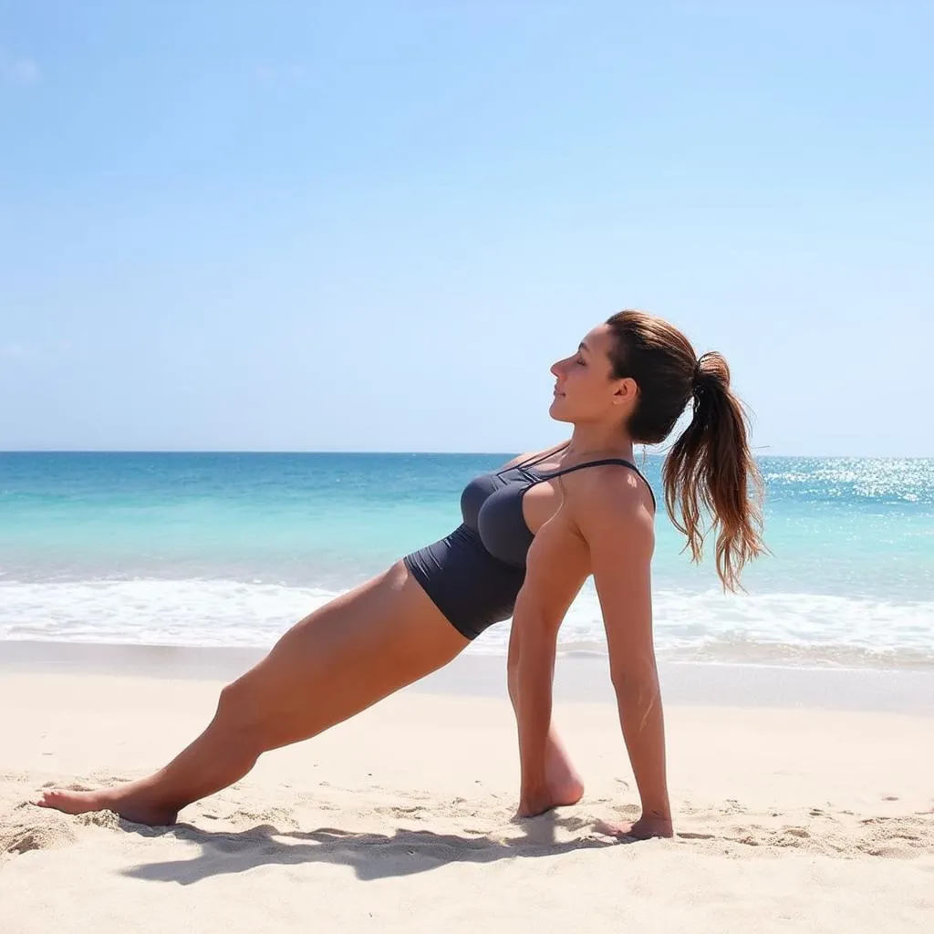 woman stretching legs beach