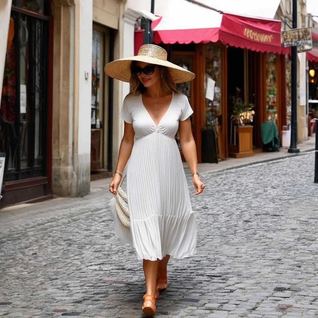 Woman Strolling through City