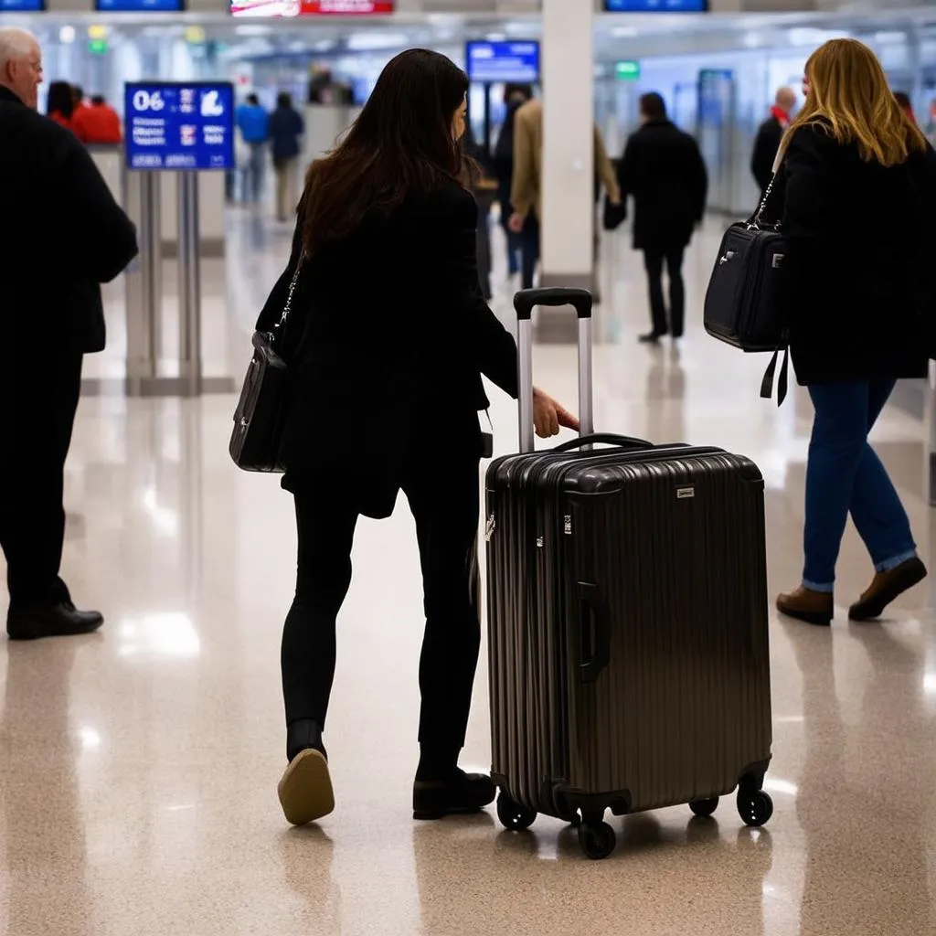 woman struggling with suitcase