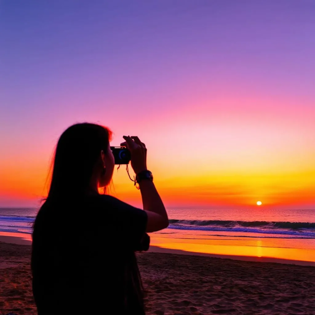 woman taking photo beach sunset