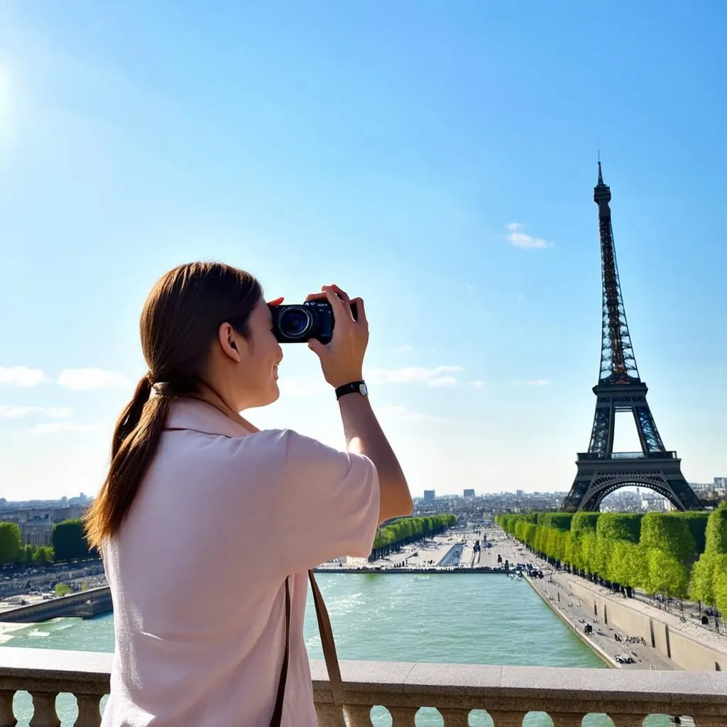 woman taking photo eiffel tower