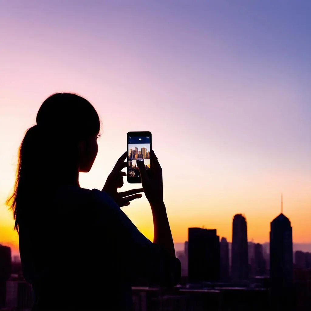 woman taking a sunset picture