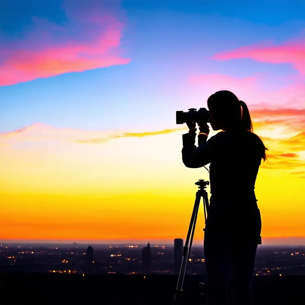 Female travel photographer capturing the sunset over a cityscape