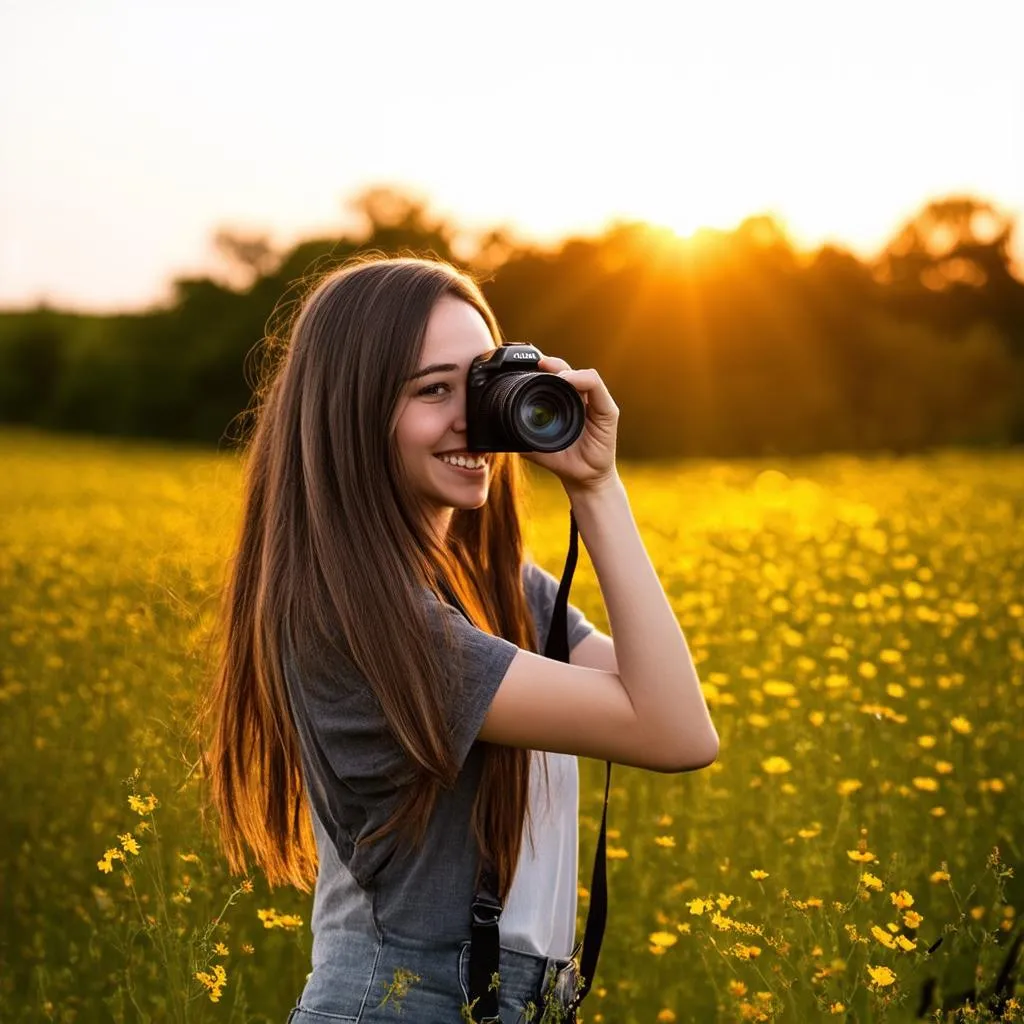 woman taking photos in a field