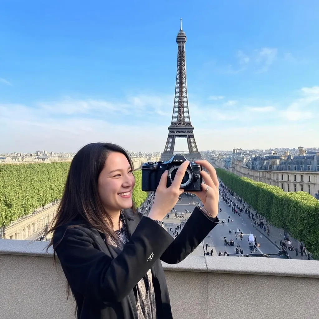 woman taking photos of Eiffel Tower