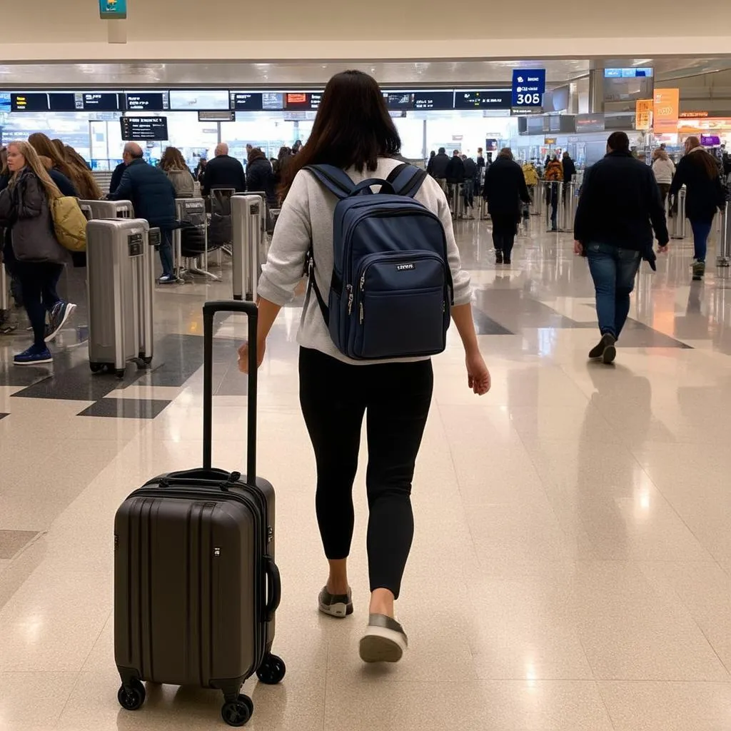 pregnant woman walking through airport