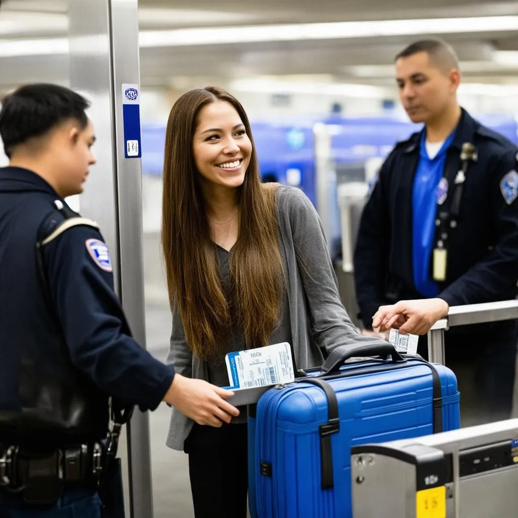 A woman is at the airport security line with her luggage and medication