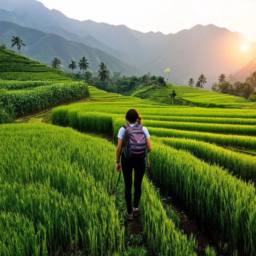 Female traveler hiking in Sapa mountains