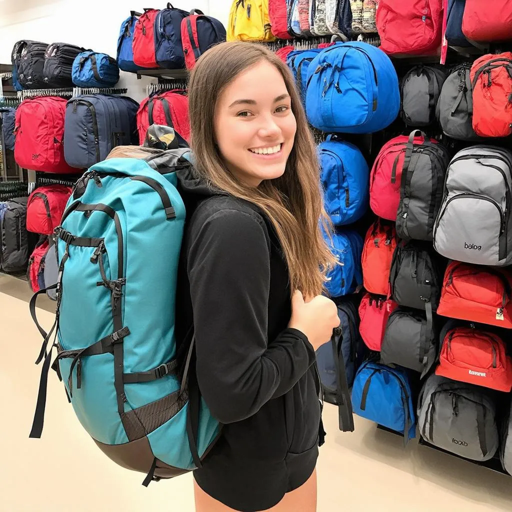 woman trying on a backpack