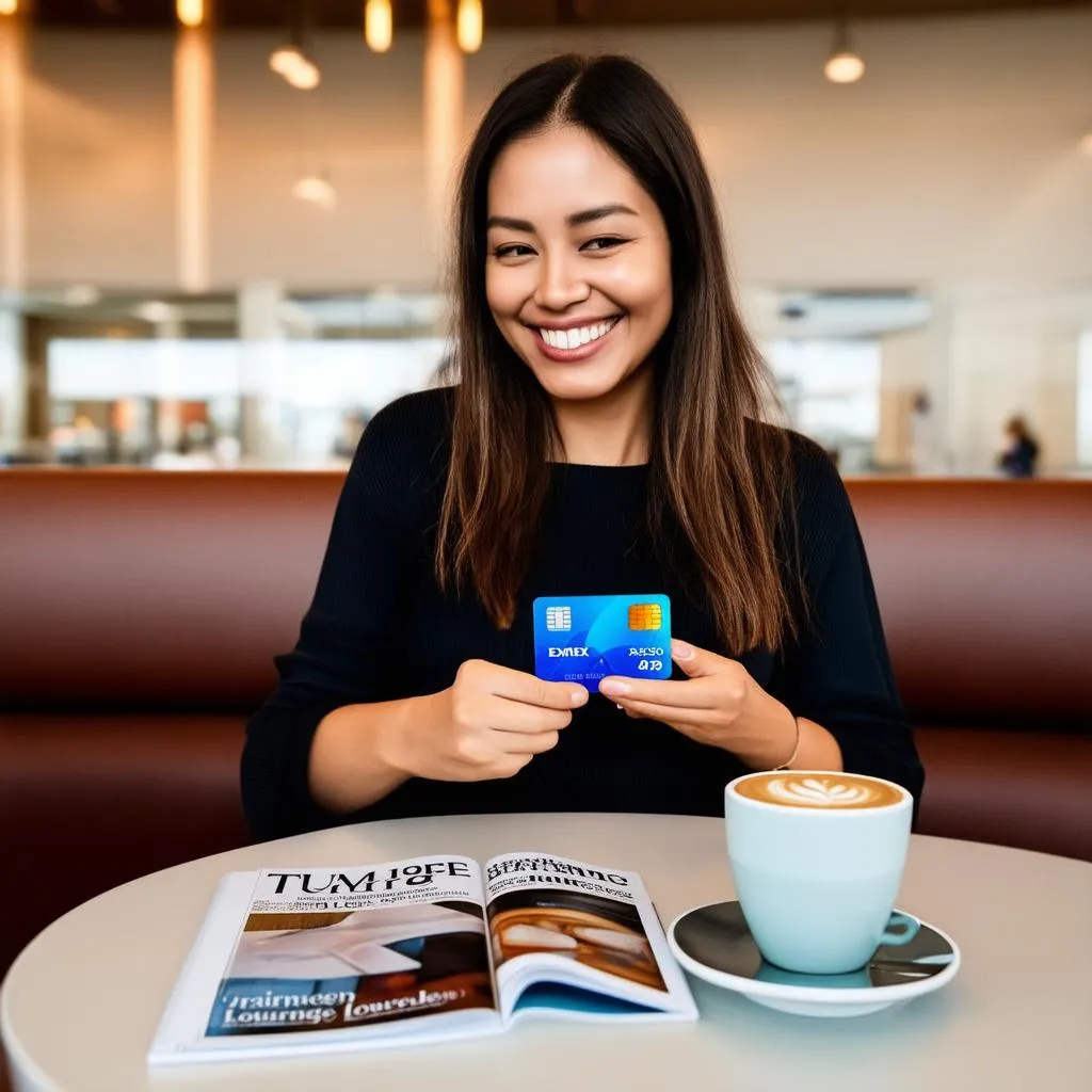 Woman using Amex card at airport lounge