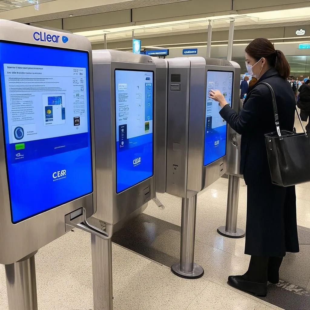 woman using clear kiosk at airport