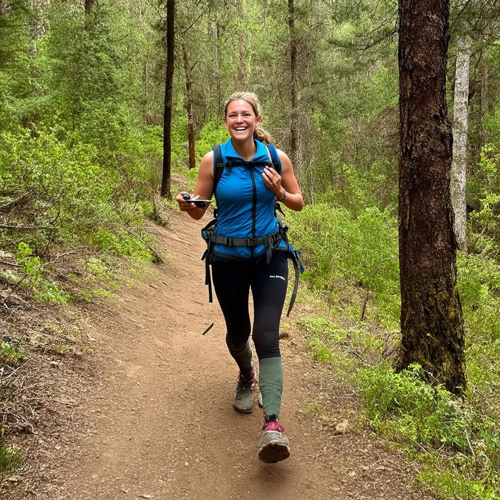 Woman holding a compass while hiking