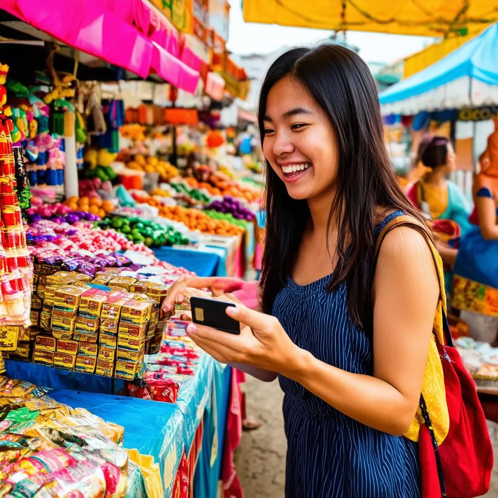 woman using credit card at market