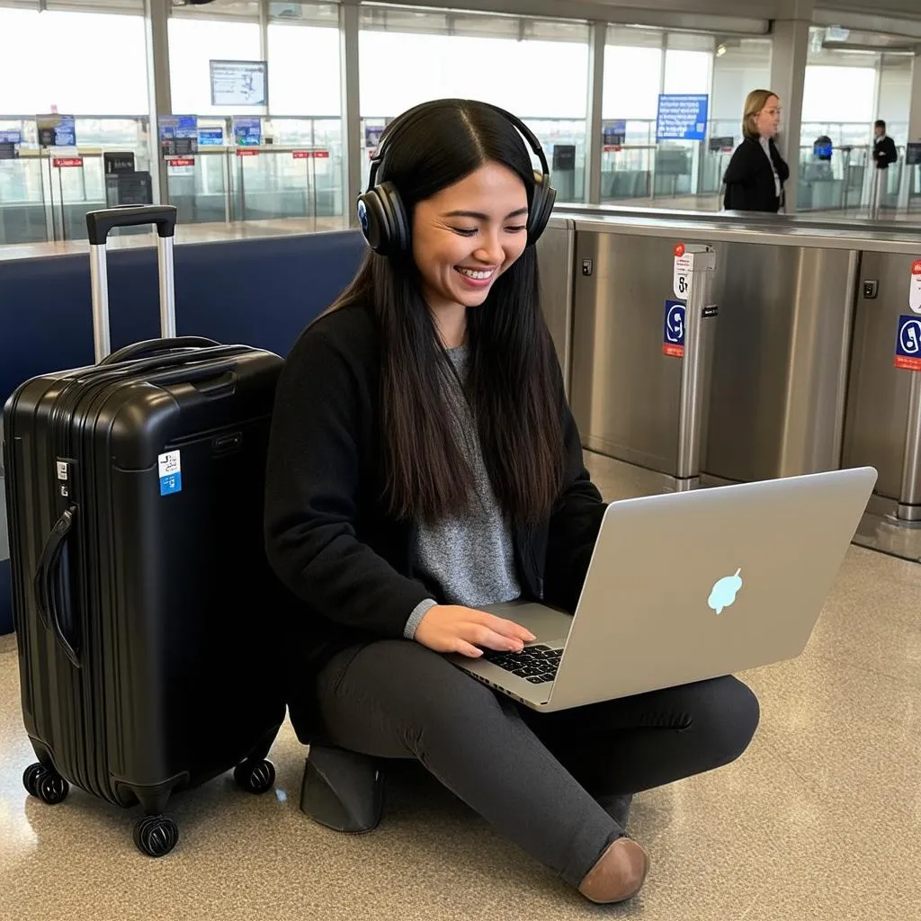 Woman Using Laptop at Airport