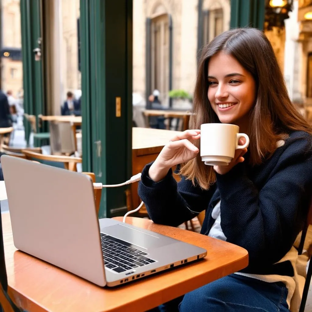 Woman working on laptop in a cafe