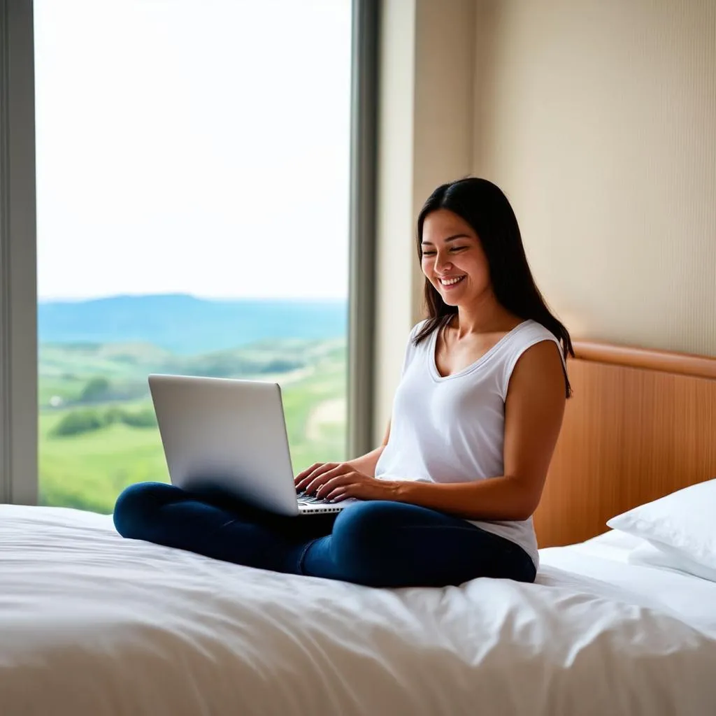 Woman using laptop in hotel room