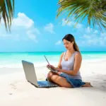 Woman Using Laptop on Beach