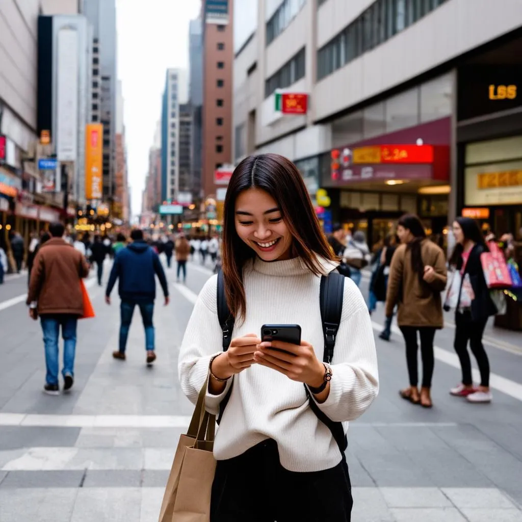 woman using phone abroad