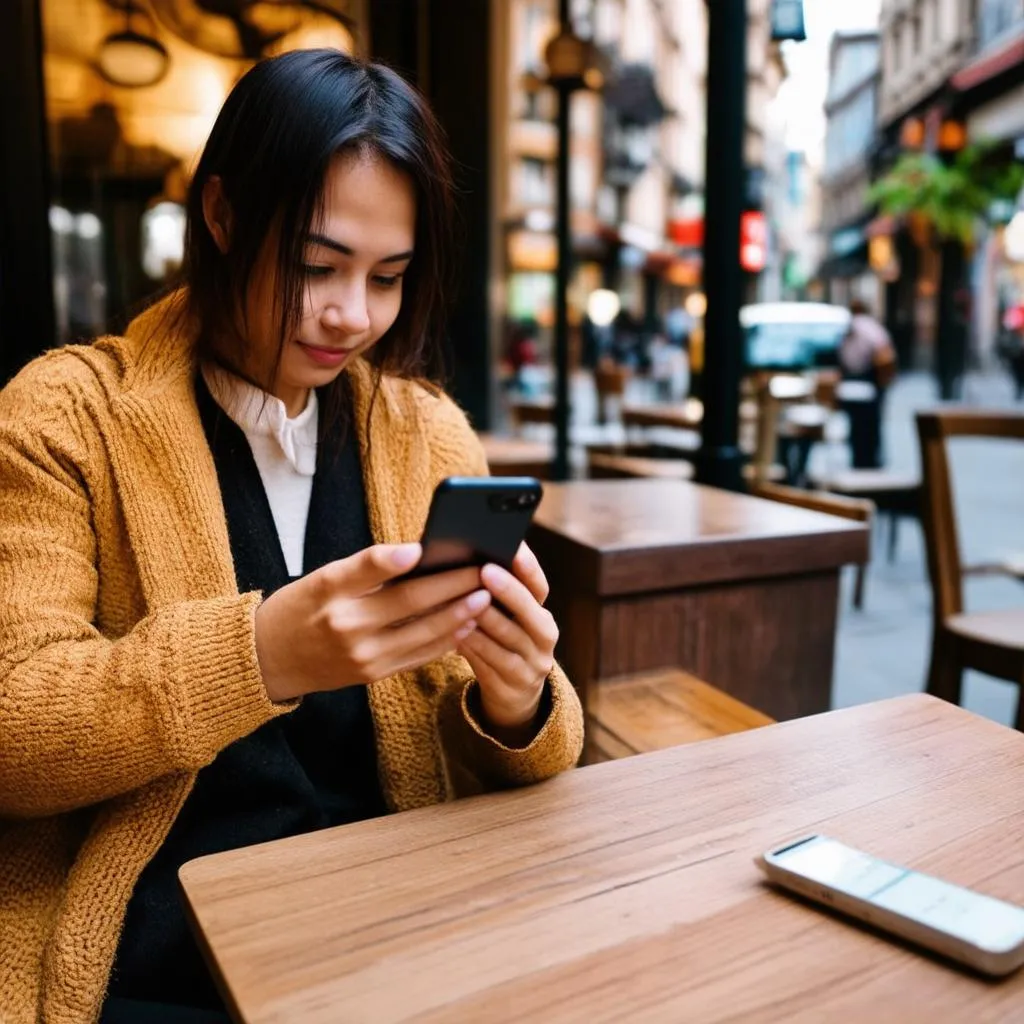 Traveler checking finances on mobile app