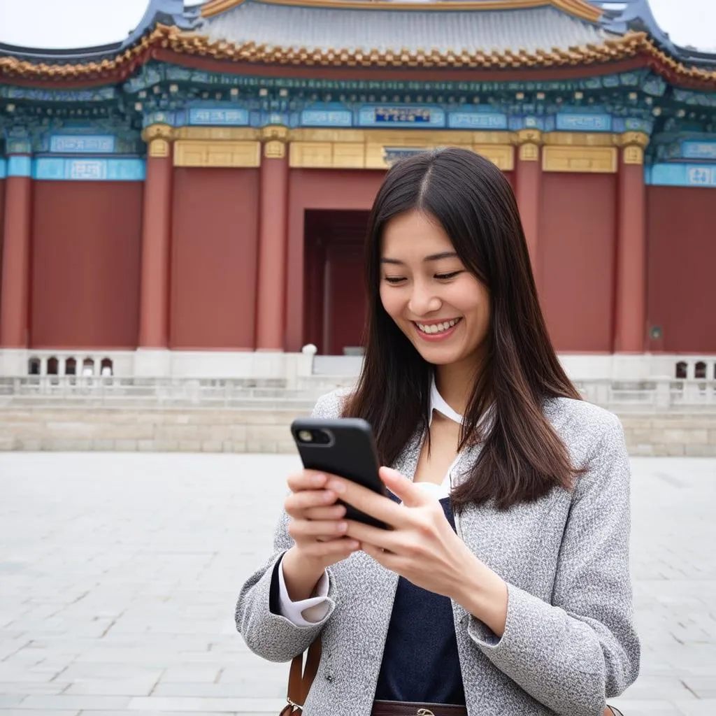 Woman Using Phone in Korea