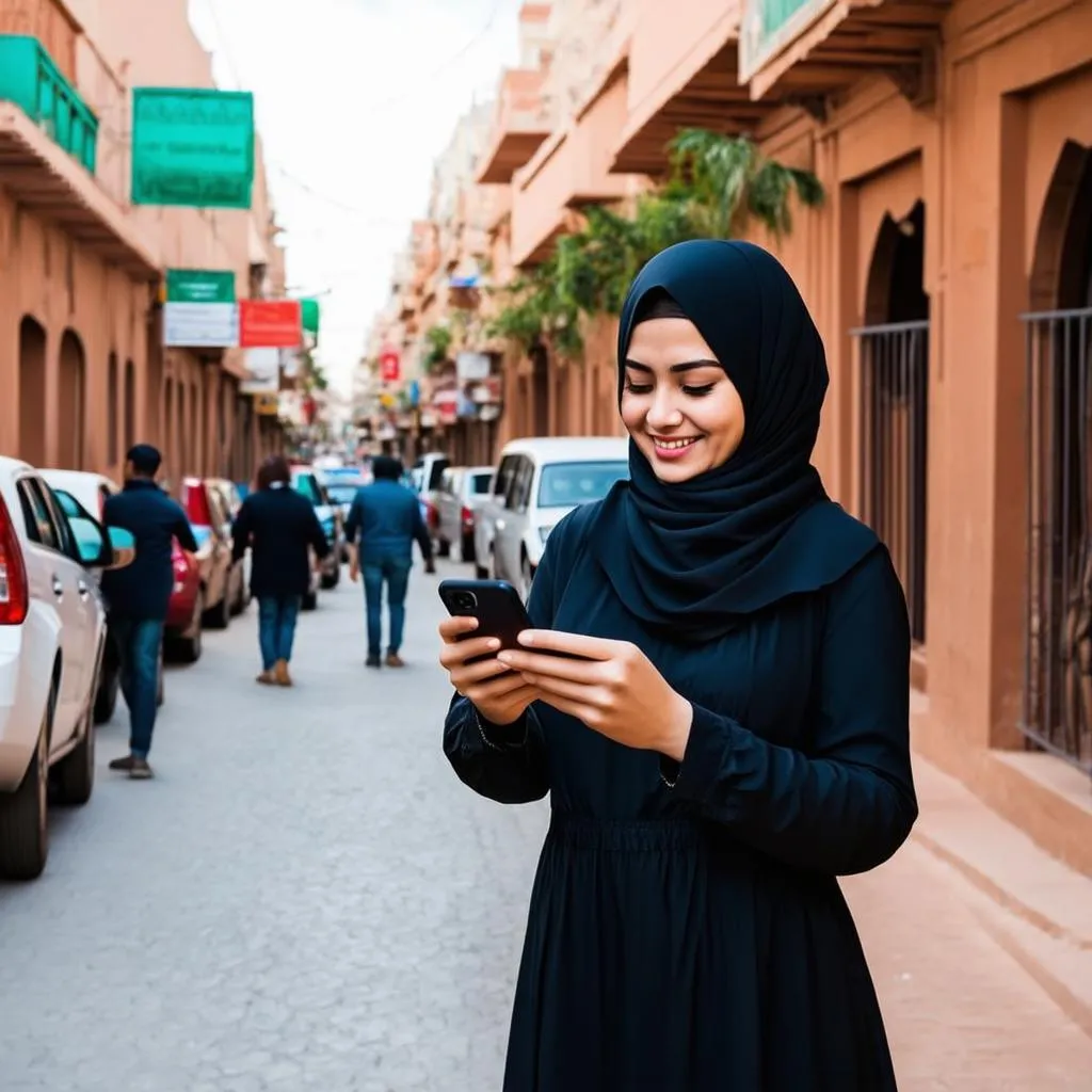 Woman Using Phone to Navigate in Marrakech