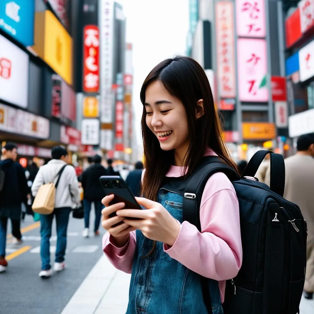 woman using phone in Tokyo