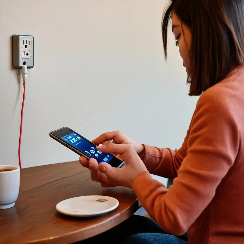 Woman charging her phone with a travel adapter