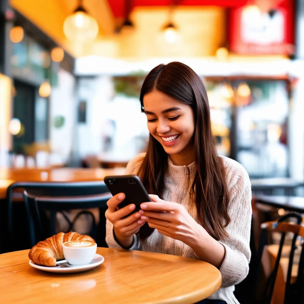 Woman using a travel app on her phone while sitting at a cafe.