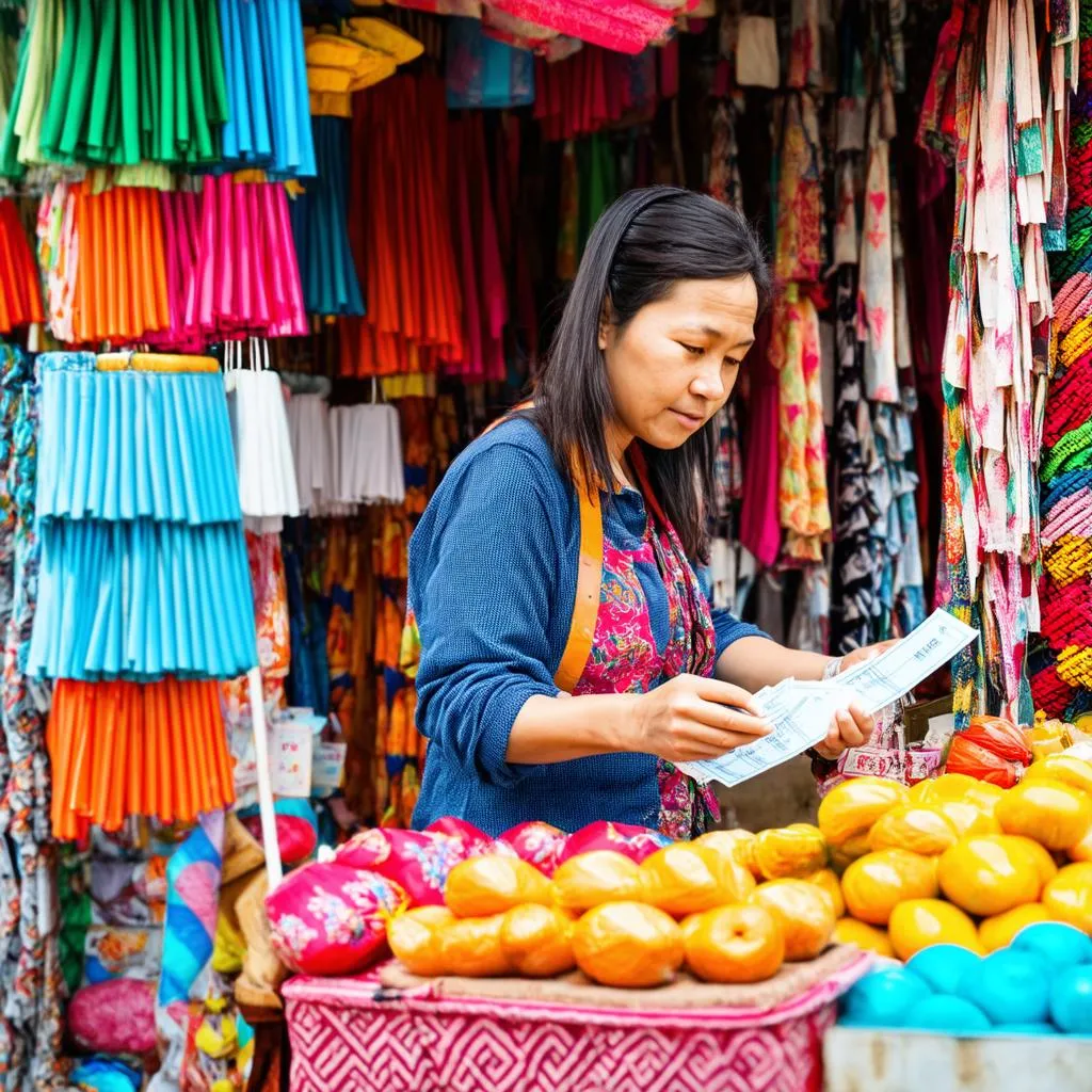 woman using travelers checks at market