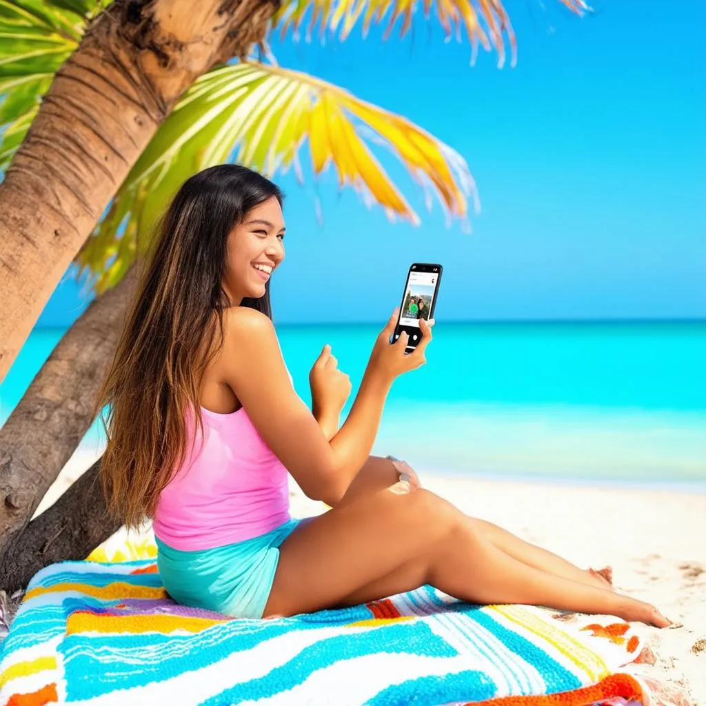 Woman relaxing on a beach using WhatsApp on her phone