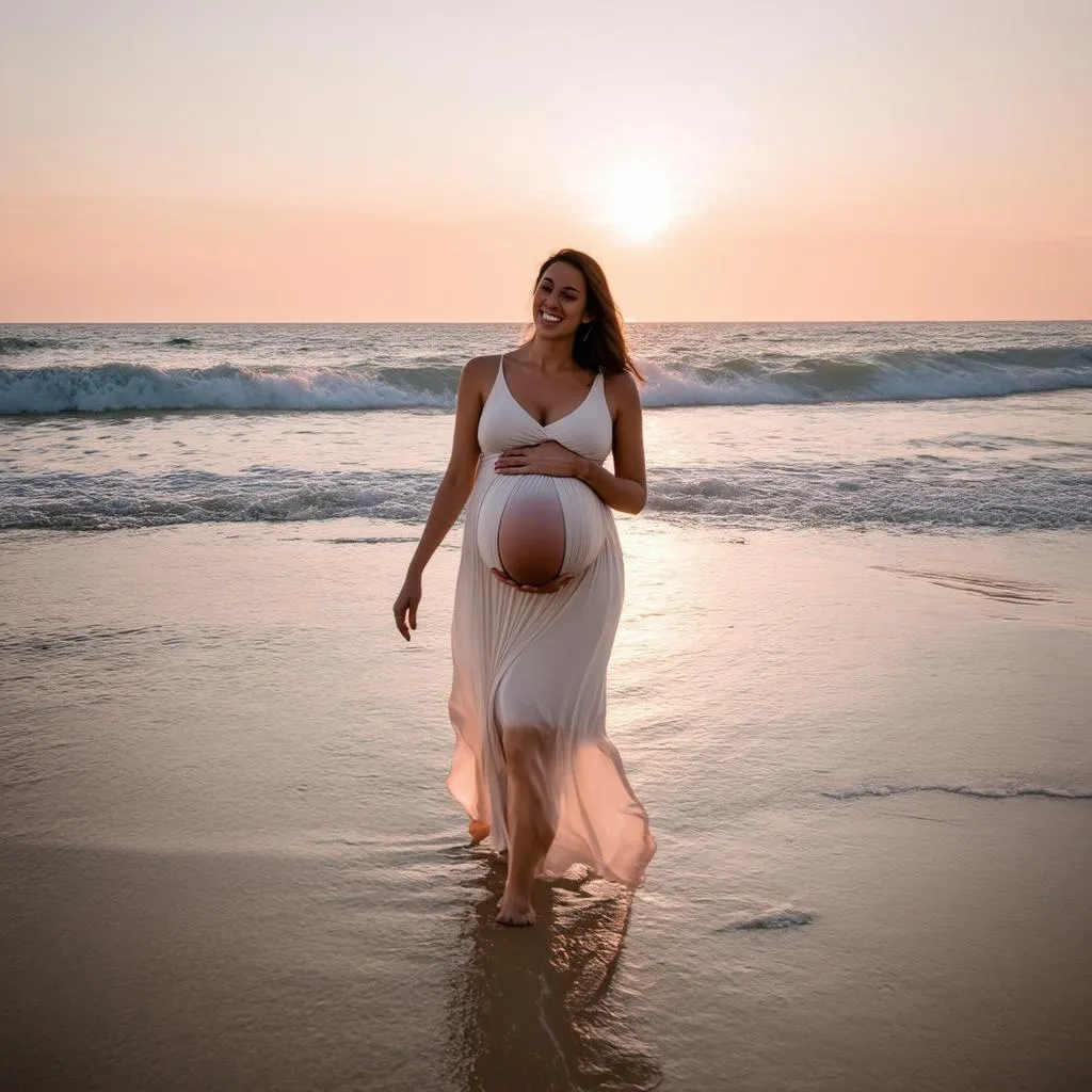 pregnant woman walking on the beach