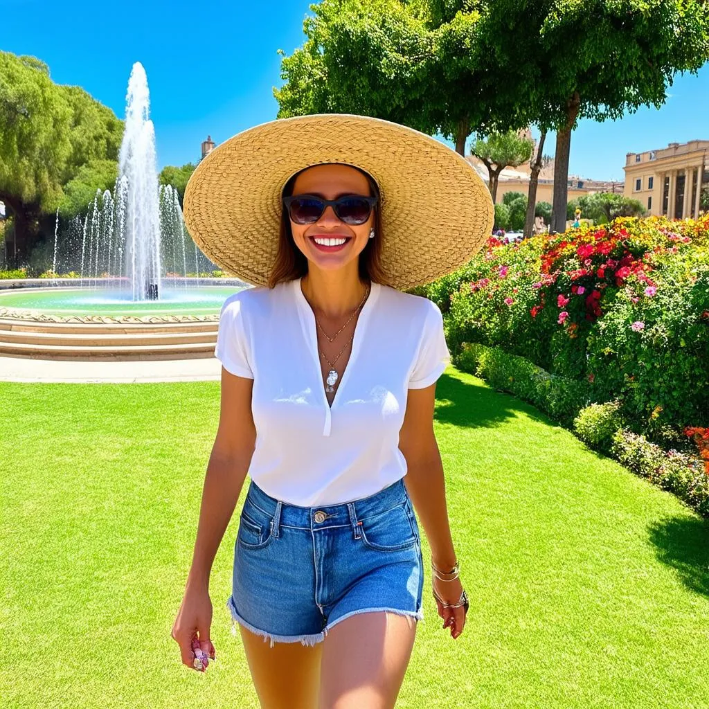 Woman Walking Through Park in Spain 