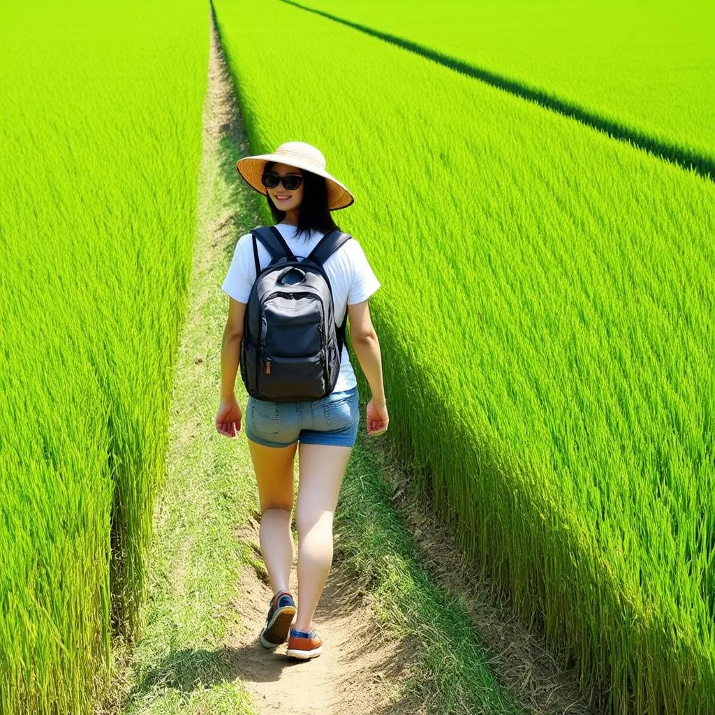 Woman Walking Through Rice Paddies