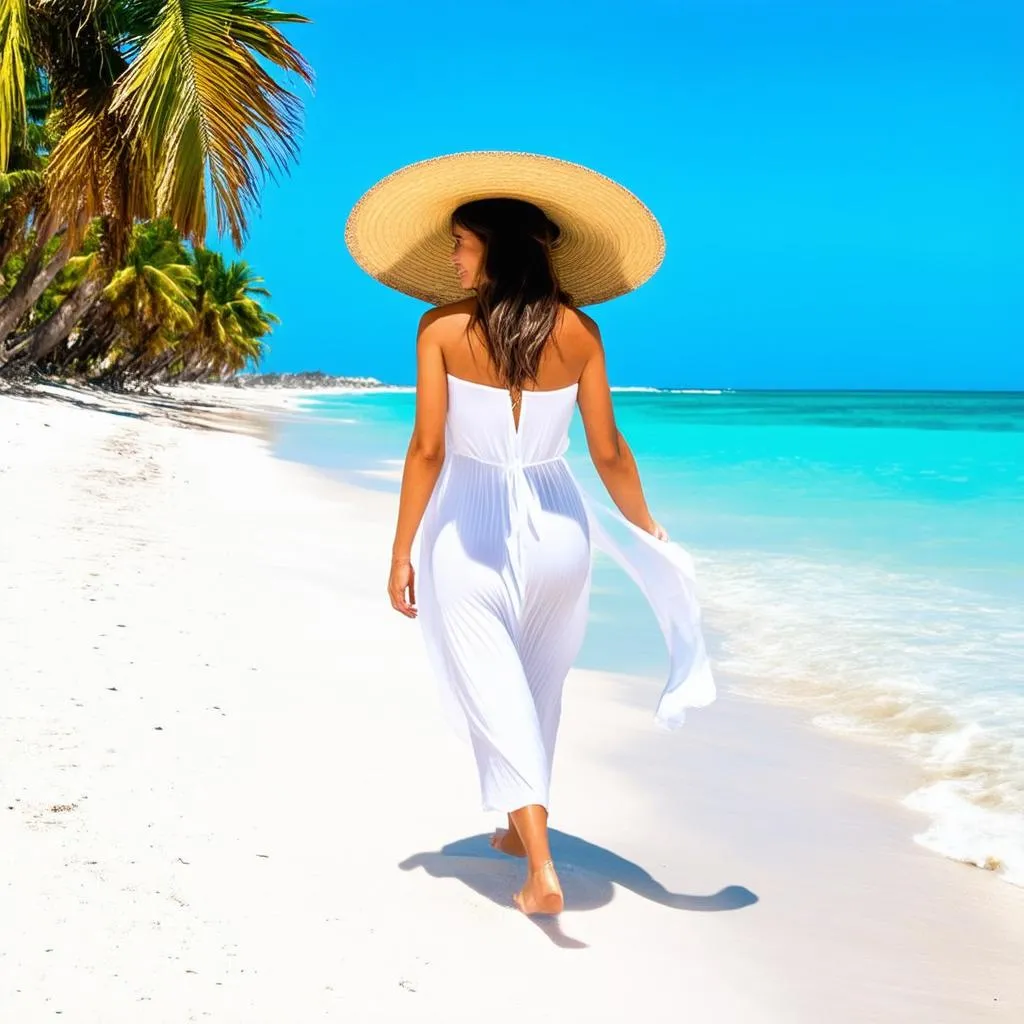 woman, straw hat, beach