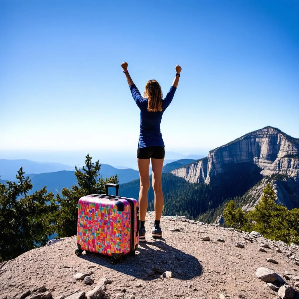 woman with suitcase mountain