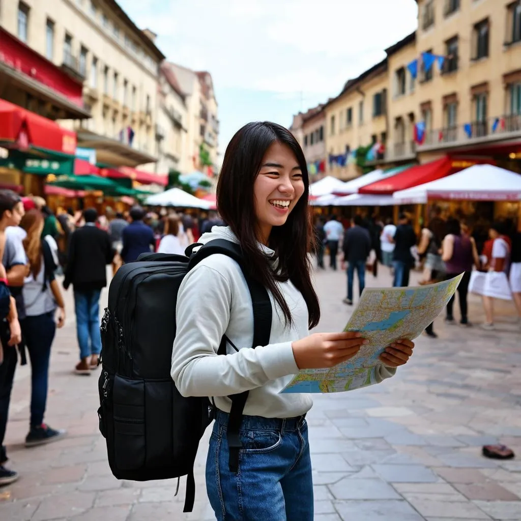 woman with backpack exploring