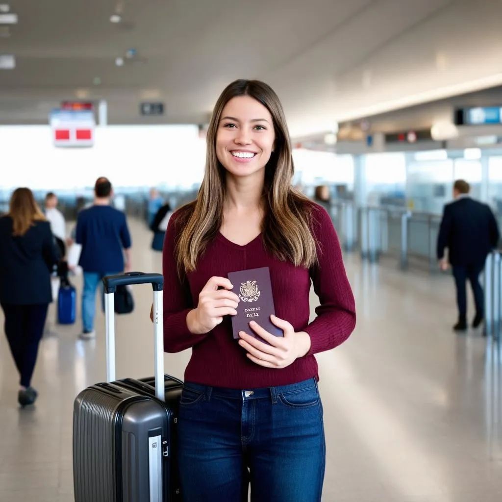 woman with suitcase and passport