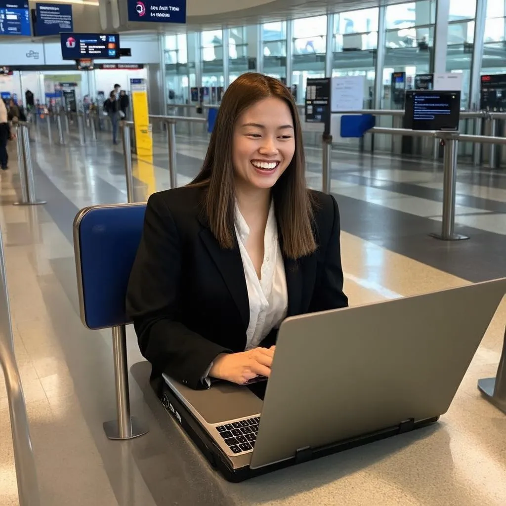 woman working on laptop at airport