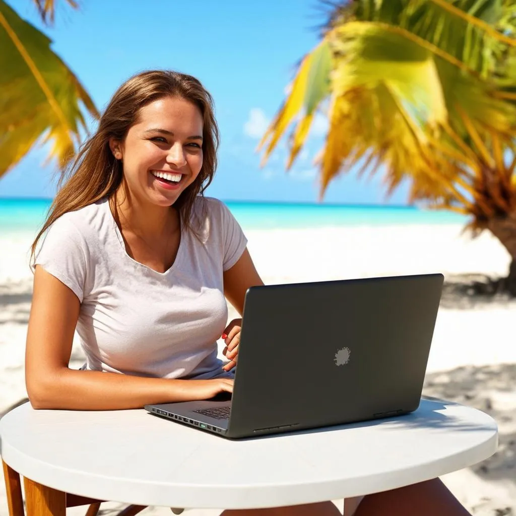 Woman Working at Beach