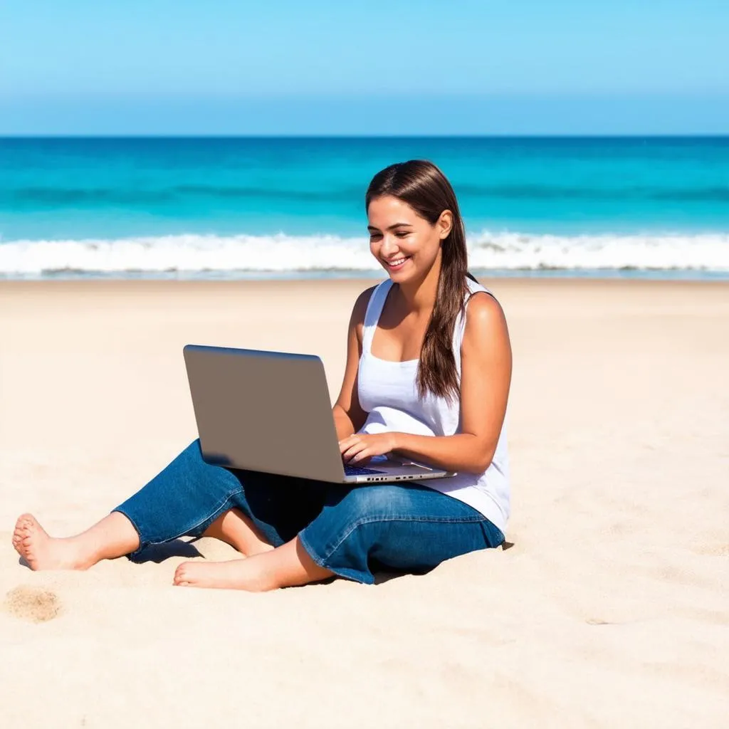 Woman working on laptop at the beach