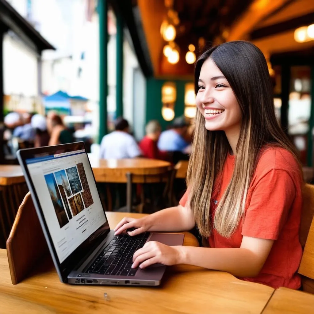 Woman Working on Laptop in a Cafe