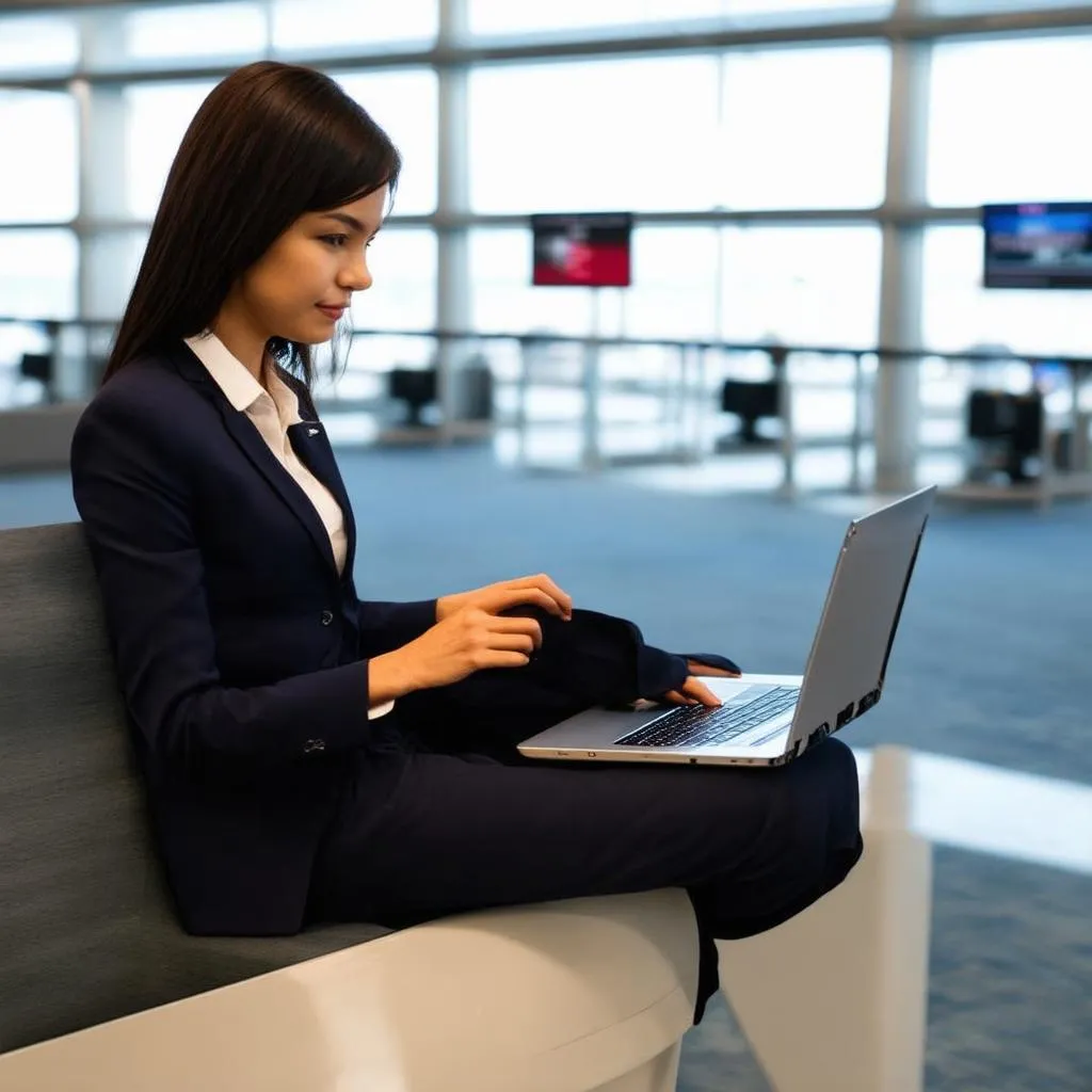 Woman working on laptop in airport