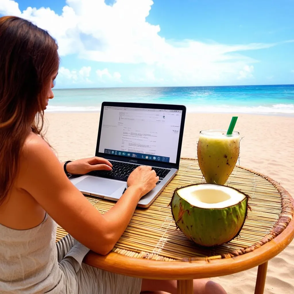 woman working on laptop at the beach